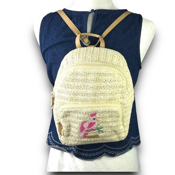 Vera Bradley Straw Mini Convertible Backpack Light Natural Straw Tan Pink Green - Picture 3 of 13